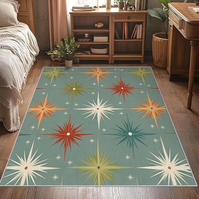 Mid Century Modern Rugs for Bedroom 5x8 ft, Starburst Area Rugs for Living Room, Washable Non Slip Low Pile Abstract Atomic Carpet, Home Decor PF-P 107