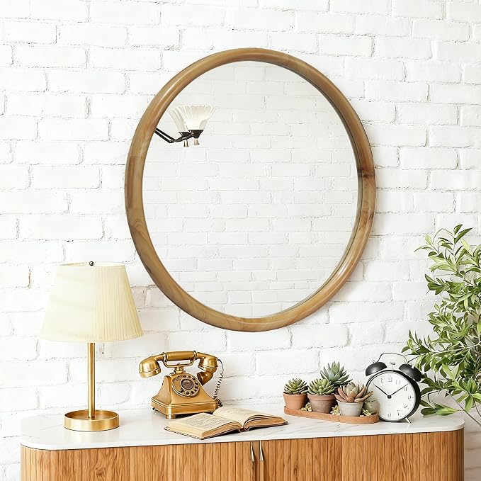 Round Wall Mirror with Natural Wood Frame, 35.43 in Diameter, Mid-Century Modern Decorative Mirror for Bathroom, Bedroom, Entryway, Natural Wood