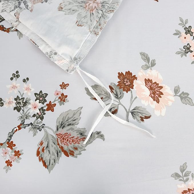FADFAY Duvet Cover Set Queen Elegant Floral Bedding Shabby Grey Bird Print Flower Quilt Cover Set Vintage Farmhouse Bedding 100% Cotton Soft Comforter Cover Set with Zipper Closure 3Pcs, Queen Size