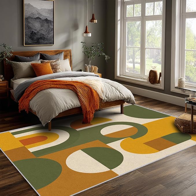 Mid Century Area Rug 7x9, Home Decor | Olive Mustard Bauhaus Circle, Retro Geometric Rug for Living Room, Bedroom, Home Office, Non Slip, Washable, Low Pile