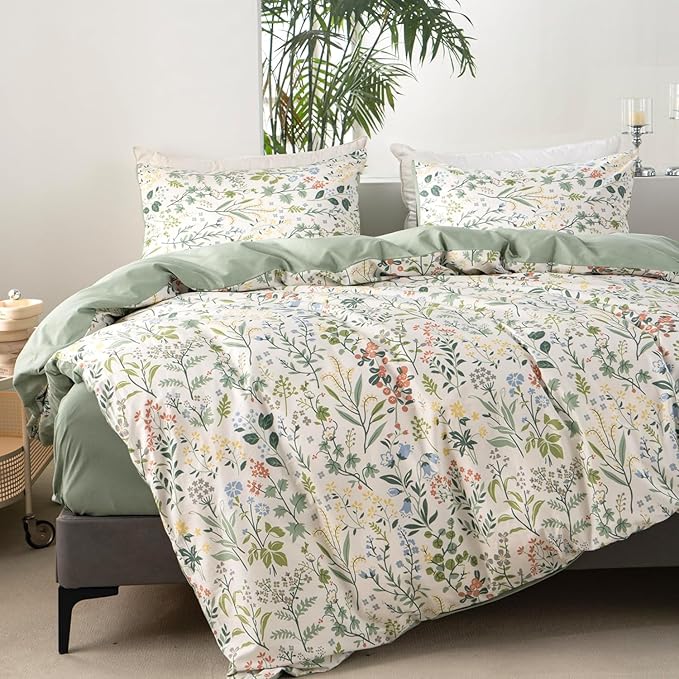 mixinni Flower Duvet Cover Twin XL Size, Sage Green Floral Duvet Cover Soft Cotton Cute Wildflower Green Leaves Print Cotton Bedding Duvet Cover Set Zipper&Ties, 1 Duvet Cover and 2 Pillowcases