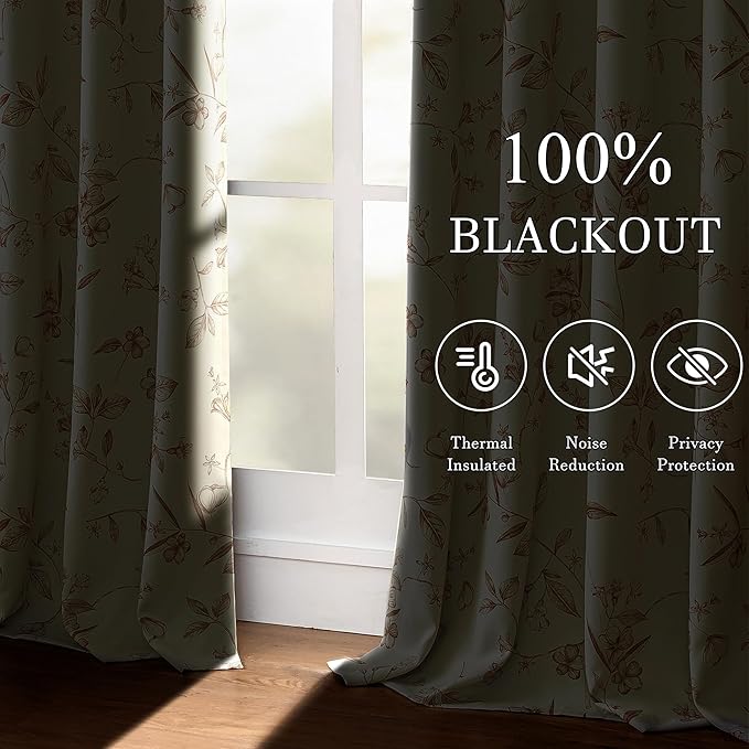 ChrisDowa Beige 100% Blackout Floral Curtains 84 Inches Long 2 Panels for Bedroom Living Room Brown Flower Patterned Room Darkening Thermal Insulated Soundproof Grommet Window Treatments Drapes,52X84