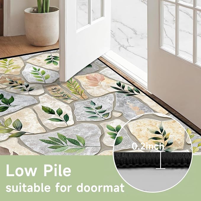 2'x3' Optical Illusion Rug 3D Stone Floor Mat Green Leaf Botanical Area Rug Rustic Nature Washable Carpet for Entryway Bedroom Living Room Kitchen Home Decor