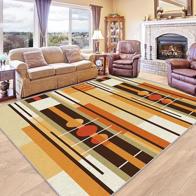 Contemporary Geometric Rug 6x9, Washable Retro Stripe Rugs for Living Room Bedroom, Mid Century Modern Area Rug for Home Decor, Non Slip Backing Floor Carpet with Gripper - 6 x 9 ft