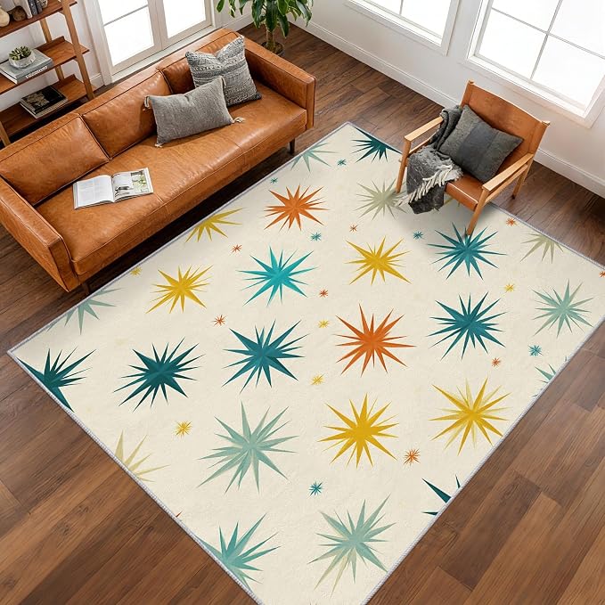 Mid Century Modern Rugs for Living Room Decor, 5x6 ft, Retro Starburst Atomic Area Rugs for Bedroom, Soft Non Slip Washable Geometric Sunburst Carpet Home Decorations D-g48