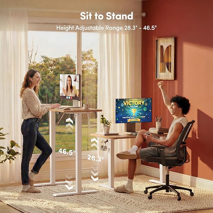 FEZIBO Standing Desk, 63×28 Inches Electric Height Adjustable, Sit Stand Up Table, Computer Office Desk with Splice Board, While Frame/Maple TOP