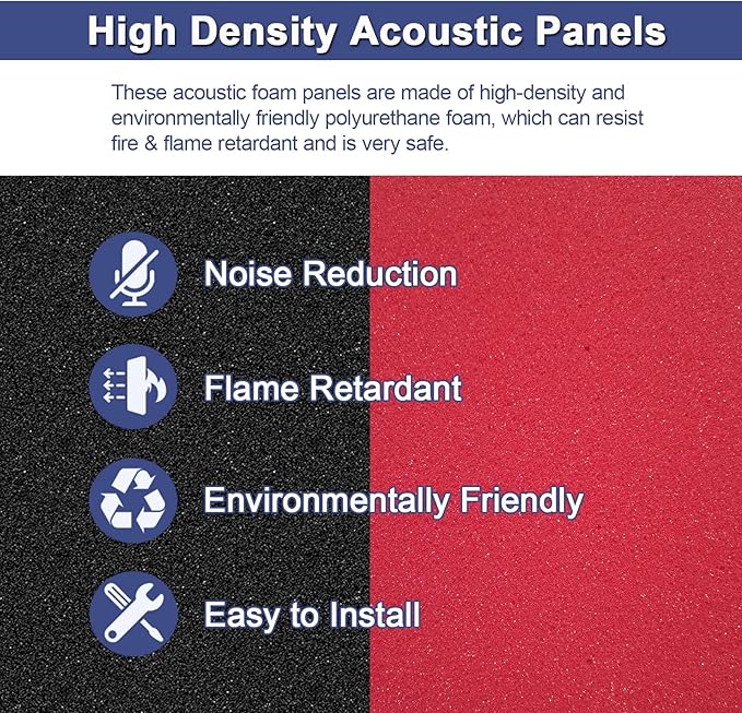 52 Pack Acoustic Foam Panels,1" x 12" x 12" Acoustic Wedge Studio Foam Sound Absorption Wall Panels (BLACK/RED)