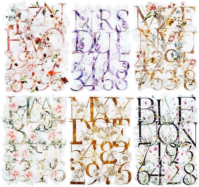 Miyouluna 216PCS Floral Alphabet & Number Stickers Set, Waterproof Letter PET Stickers for Scrapbooking, Journaling, DIY Crafts, Card Making