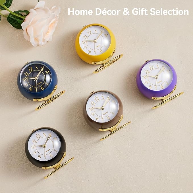 rjuwurv Metal Desk Alarm Clock, Retro Bedroom Table Vintage Analog Silent Non-Ticking Gold Alarm Clock, Bedside Decor(Mango Yellow)