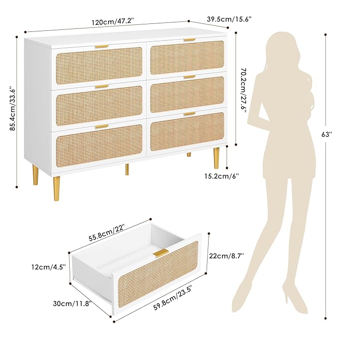 Garvee Rattan Dresser with 6 Drawers, Tall Modern Closet with Deep Storage, Large Chest of Drawers with Wide Top, Long Wooden Dresser for Bedroom, Living Room, Hallway, Kids Room, White