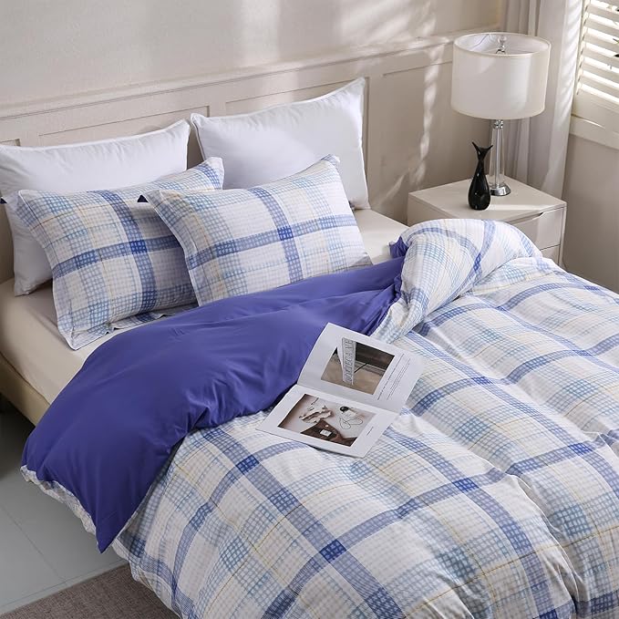 LONAVA King Plaid 3 Pcs Duvet Cover Set, Breathable Soft Microfiber Peri Lining Comforter Cover with Zipper Closure, and 2 Anti-Pilling, Fade Resistant Pillowcases, Blue Plaid