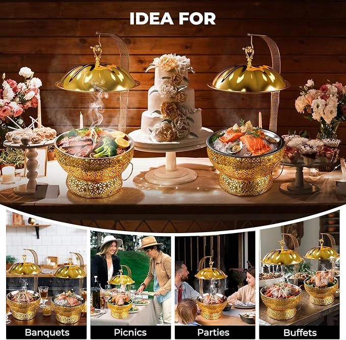 8QT Golden Chafing Dishes for Buffet, Round Stainless Steel Chafing Dish Set for Parties, Christmas Gatherings, Home, Catering Events Complete Buffet Warmer Colder Set (4)