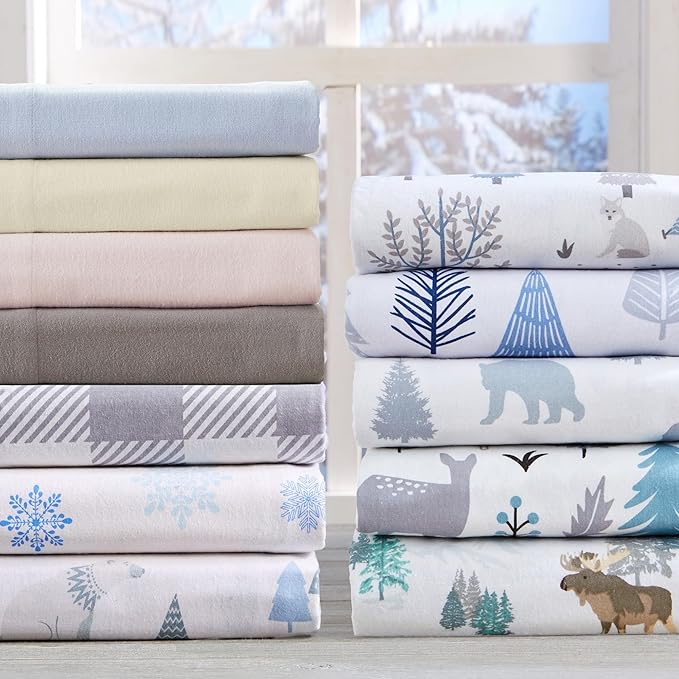 Market & Place 100% Turkish Cotton Flannel Sheet Set | 4 Piece Deep Pocket Novelty Cozy Winter Bed Sheets | Double Brushed for Extra Softness & Comfort | Alpine Collection (King, Blue Forest)