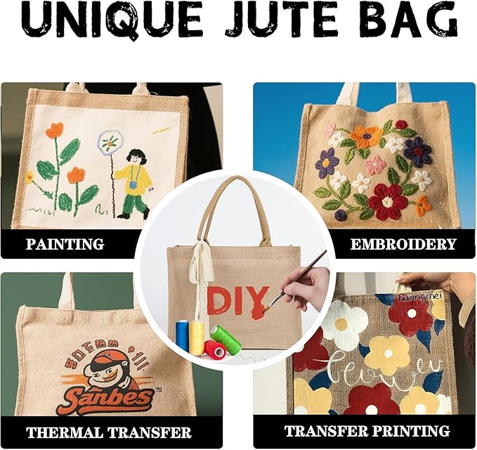 6pcs Burlap Tote Bag Set with Handles, Waterproof Reusable Blank Water Resistant Grocery Bags with Ribbon Large Jute Tote 15.35*6*12 Inch for Women Bridesmaid Gift Beach Shopping Wedding Travel DIY