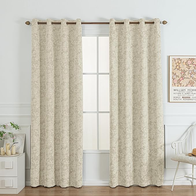 Chenille Floral Blackout Curtains 96 Inch Length 2 Panels Set - Bedroom Living Room Darkening Thermal Insulated Black Out Window Treatments Grommet Jacquard Drapes 52 Inch Wide Beige