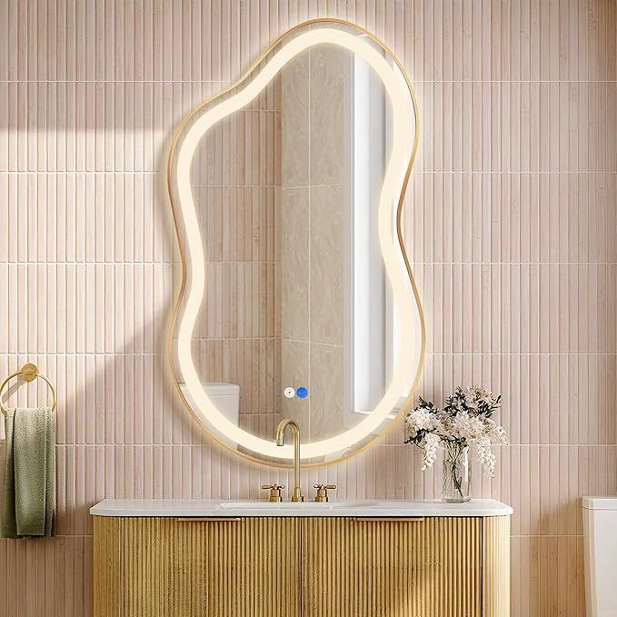 Irregular Led Backlit Bathroom Mirror -26"x46" Single Piece, Asymmetrical Cloud Lighted Vanity Mirror with Lights for Wall, Anit-Fog, Dimmable, Memory (Vertical/Horizontal)
