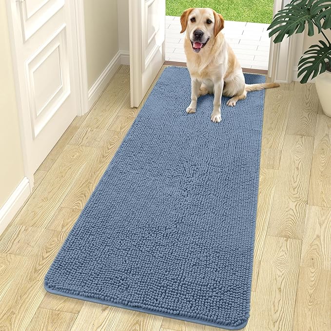 OLANLY Dog Door Mat for Muddy Paws 70x24, Absorbs Moisture and Dirt, Absorbent Non-Slip Washable Doormat, Quick Dry Chenille Mud Mat for Dogs, Entry Indoor Entryway Carpet for Inside Floor, Airy Blue