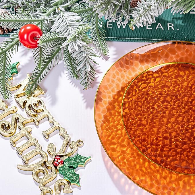 Rubtlamp 60Pcs Amber Plastic Plates - Brown Disposable Plates With Gold Rim, Clear Heavy-duty Party Plates, Hammered Plates Include 30 Dessert Platos, 30 Dinner Platos for Thanksgiving, Christmas