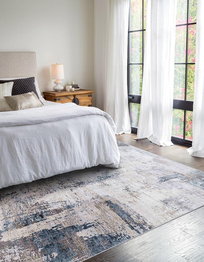 vivorug 5x7 Area Rugs - Ultra-Thin Washable Rug with Non-Slip Backing, Ideal for Living Room, Bedroom, Kitchen Floor Carpet - Modern Abstract, Easy Clean, Durable, Low Pile Gray/Navy