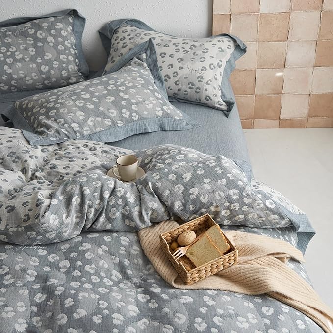 Jacquard Leopard Duvet Cover King Yarn-Dyed Linen Cotton Duvet Cover Vintage Grey Leopard Print Bedding Set Floral Muslin Cotton Jacquard Comforter Cover Boho Leopard Pattern Duvet Cover for Men Women
