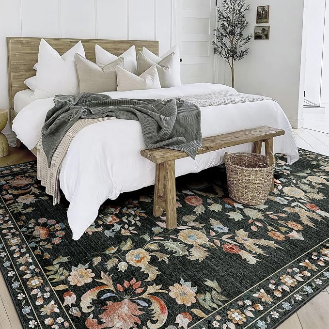 MUJOO 8x10 Area Rugs Washable,Large Floral Rugs for Living Room Bedroom Dining Room,Boho Indoor Floor Rug Non Slip Throw Carpet Low Pile Vintage Black