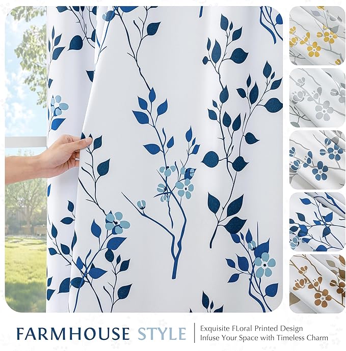 Beauoop Floral 100% Blackout Curtains 96 Inches Long 2 Panels for Bedroom Living Room Navy Blue and White Flower Patterned Room Darkening Thermal Soundproof Rod Pocket Back Tab Window Drapes, 52X96