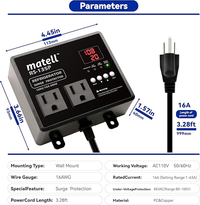 matell Refrigerator Surge Protector, Double Outlet Voltage and Current Protector for Home Appliances with Time Delay, Spike, Instant Surge All Voltage Abnormalities,Protects Against Brownout