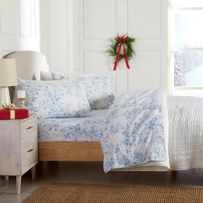 Market & Place 100% Cotton Twin Flannel Sheet Set | 3 Piece Deep Pocket Cozy Winter Floral Bed Sheets | Double Brushed for Extra Softness & Comfort | Alpine Collection (Twin, Vintage Floral)