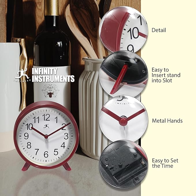 Infinity Instruments Plastic 5.75" Indoor Tabletop Alarm Clock with Quartz Movement for Accurate Time Keeping, Red