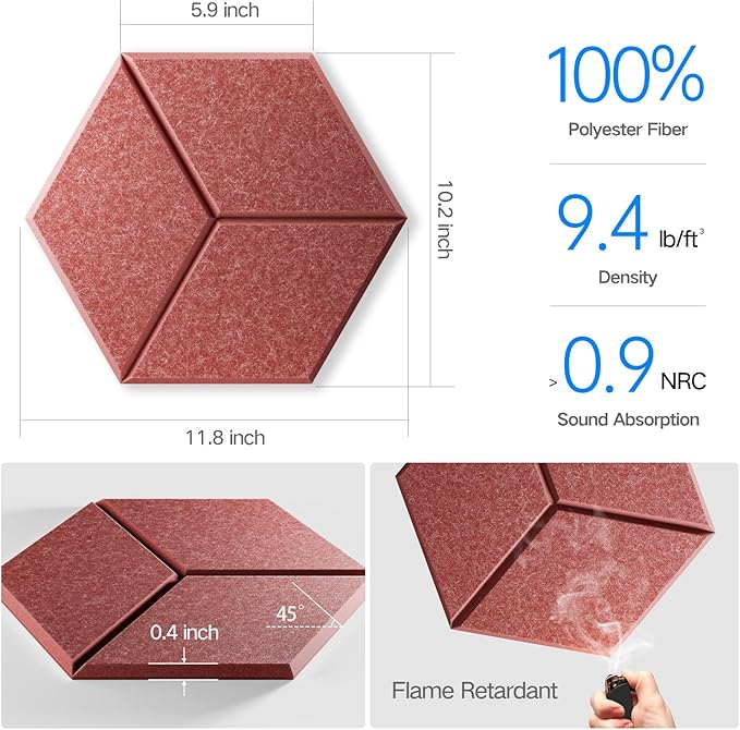 18 Pack Self-Adhesive Acoustic Panels 12" X 10" X 0.4" - Sound Proof Foam Panels for Wall with High Density, Y-Lined Design, Flame Resistant, Absorb Noise and Eliminate Echoes(Red)