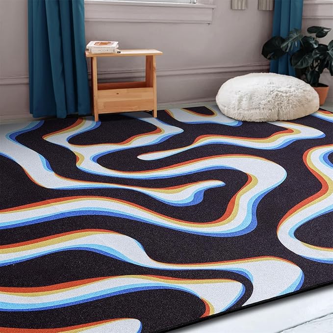 Trippy Abstract 6x9 Area Rug Ultra Thin Flatweave Funky Aesthetic Minimalist Cute Living Room Rug Colorful Black White, Retro Cool Washable Carpet for Kitchen Entryway Bedroom Office Dorm