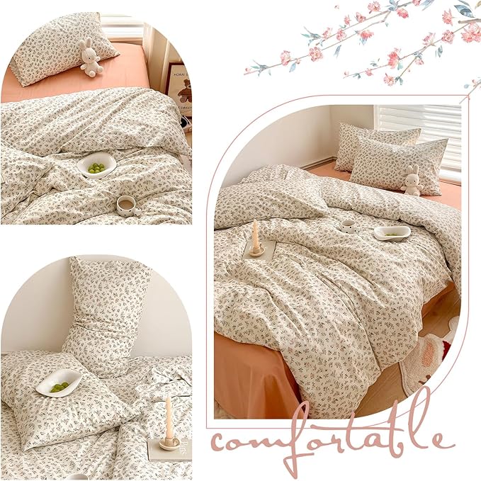 Boho Floral Duvet Cover Twin XL Aesthetic Cotton Floral Bedding Set Off White Vintage Garden Floral Comforter Cover Pink Flower Botanical French Style Duvet Cover Cottagecore Bedding Set Twin XL