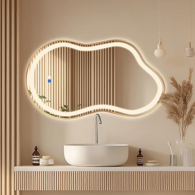 Irregular Led Backlit Bathroom Mirror -26"x46" Single Piece, Asymmetrical Cloud Lighted Vanity Mirror with Lights for Wall, Anit-Fog, Dimmable, Memory (Vertical/Horizontal)