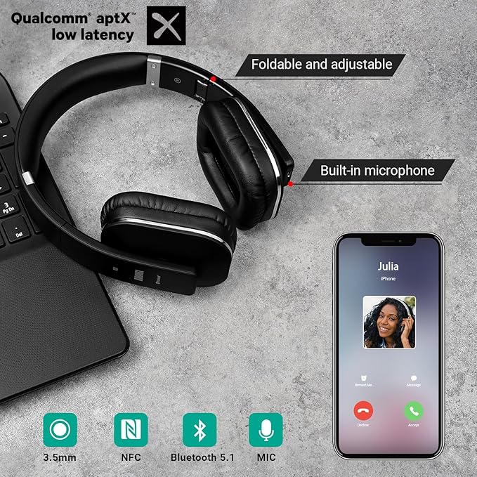 August EP650 Bluetooth Wireless Over-Ear Headphones with aptX Low Latency, NFC, Multipoint Pairing, Wired Option, Built-in Microphone - Black