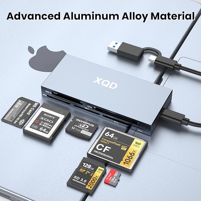 10Gbps XQD Card Reader 8 in 1 Multi-Card Reader USB C for Sony G/M Series, Lexar 2933x/1400x USB Mark XQD Card/CF/XD/MS/TF/SD Memory Card Reader/Writer/Hub USB 3.2 for Windows/Linux/Mac OS/Android