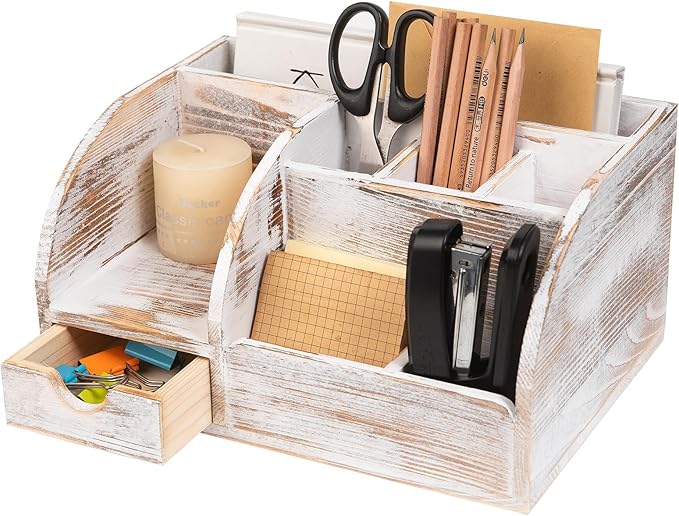 VERGOODR Office Desk Drawer Supply Organizer and Accessories, Wood Desk Organizer with 6 Compartments & 1 Drawer Binders Folder Papers Holder Pen Holder Office Desktop File Organizer (Washed white)