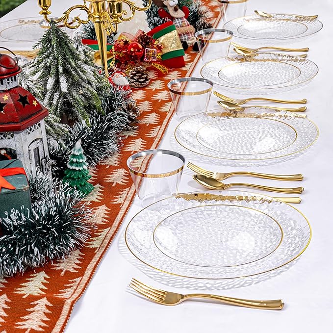 Rubtlamp 60Pcs Clear Plastic Plates,Clear Disposable Plates With Gold Rim,Heavy-duty Gold Plates,Hammered Party Plates Include 30Clear Dessert-Platos,30Dinner-Platos for Wedding, Party&Christmas