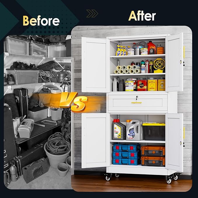 Metal Tall Storage Cabinet with Drawer, Garage Storage Cabinet with Locking Doors and 3 Adjustable Shelves, 71" H Steel Cabinets for Garage, Home, Office, White, Assembly Required