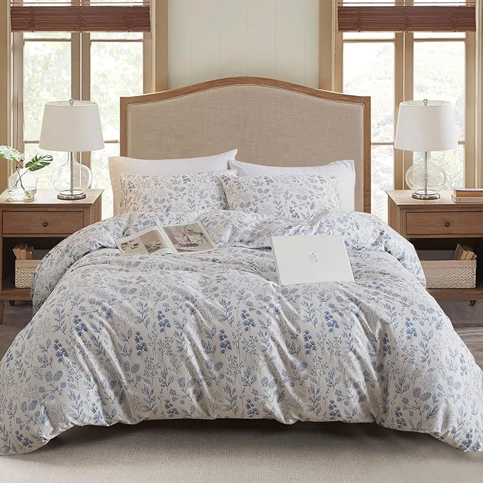 EAVD Vintage Style Garden Blue Floral Cotton Duvet Cover King White Boho Floral Bedding Set Chic Fresh Cottagecore Bedding Aesthetic Botanical Comforter Cover with 2 Pillowcases