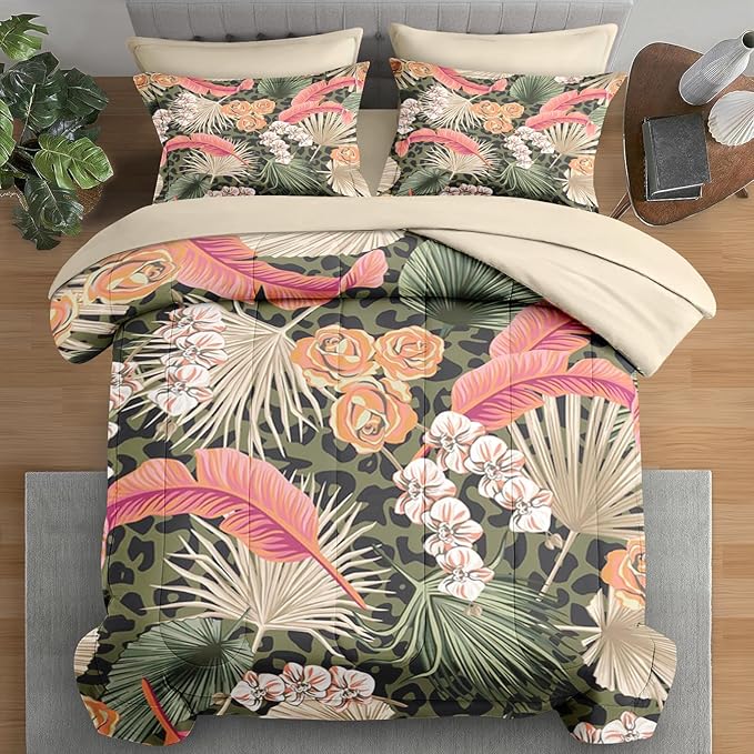 Comforter Set King Size, Summer Tropical Flowers 7 Pcs Bedding for Kids and Adults, Hawaiian Palm Leaf Leaves Bed Sheet Sets with Fitted Sheet 2 Pillowcase & 2 Sham for Bedroom Bed Decor