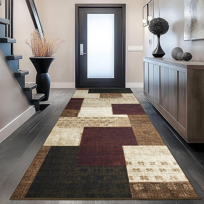 Modern Geometric Patchwork Indoor Runner Rug for Living Room, Red 2'x 6' Rug Rockwood Collection Hardwood Floors Decor for Bedroom, Burgundy Throw Carpet for Office Entryway Dining Room