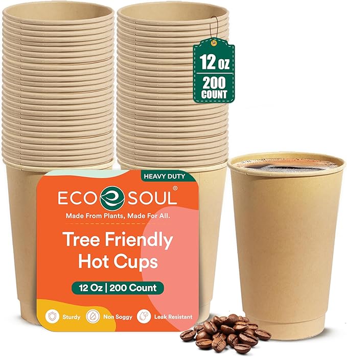 ECO SOUL 200 Pack 12 oz Disposable Coffee Cups Eco-Friendly, Biodegradable, Compostable, Leak-free & Sturdy To Go Hot Drink Travel Bagasse Cup for Tea, Chocolate, Party, Picnic & Cafe, Office & Home
