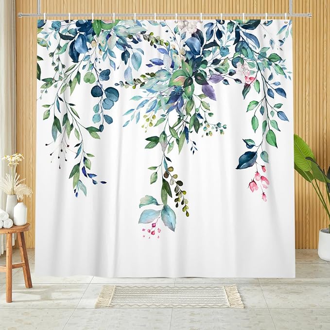 Eucalyptus Extra Long Shower Curtain, Watercolor Green Leaves Plant Floral Spring Nature Waterproof Fabric Machine Washable with Hooks for Bathroom Bathtub Decor 72Wx78H