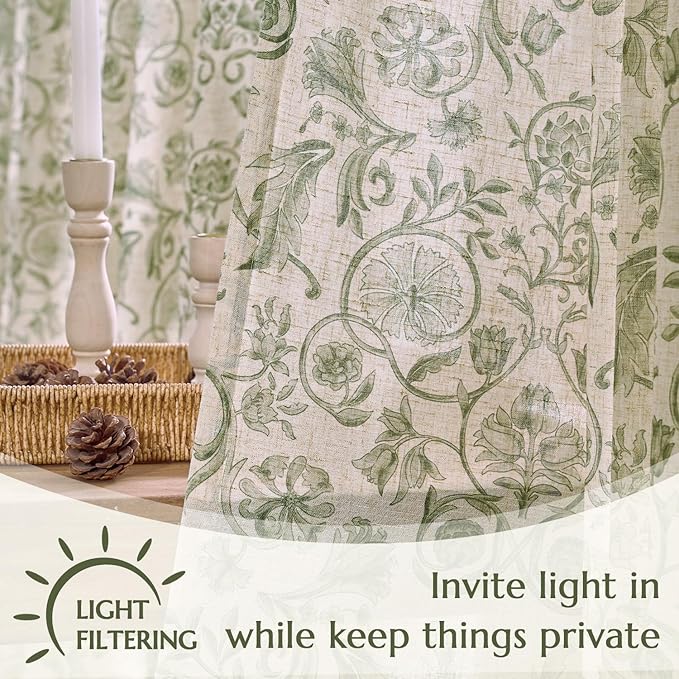 jinchan Linen Floral Curtains for Living Room with Printed Flower 96 Inches Long Light Filtering Farmhouse Window Treatment Vintage Drapes Back Tab Rod Pocket 2 Panels Green on Beige