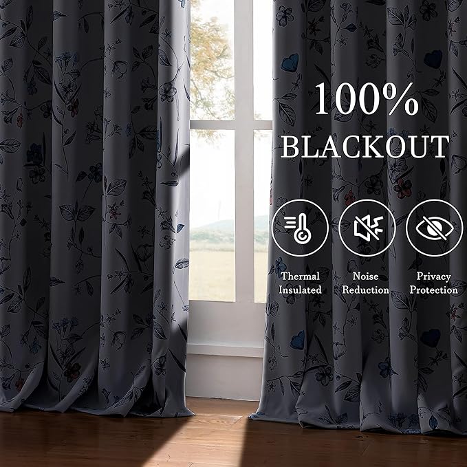 ChrisDowa 100% Blackout Floral Curtains 63 Inches Long 2 Panels for Bedroom Living Room Navy Blue Flower Patterned Room Darkening Thermal Insulated Soundproof Grommet Window Treatments Drapes,52X63