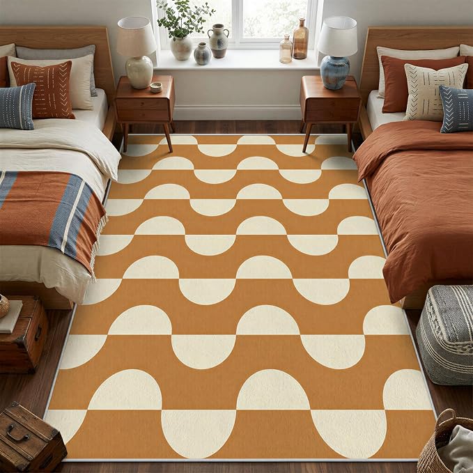 Caramel Dot Wave Area Rug 4 x 5 ft, Mid-Century Modern Geometric Rug, Brown Cream Abstract Washable Rug, Soft Low Pile Non-Slip Carpet for Living Room Bedroom Dining Room