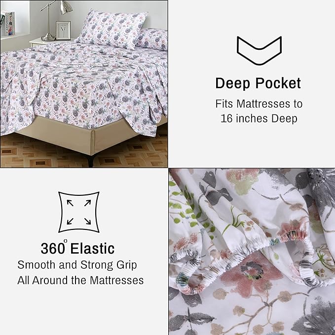 RUVANTI 100% Cotton Sheets Queen Size Set, 4 Pieces, Soft & Breathable Percale Weave Bedding, Deep Pocket 16", Hotel Standard, Crisp Cool Feeling, Durable, Perfect Floral Bed Sheet, Dandelion Field