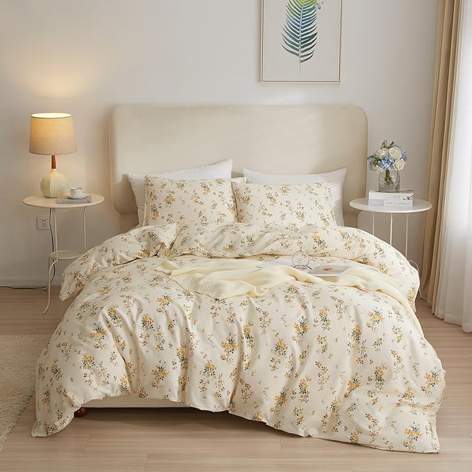 Garden Style Yellow Floral Comforter Set Twin XL Chic Flower Leaves Printed Girls Floral Bedding Set Fluffy Soft Microfiber Twin XL Comforter with 2 Pillowcases Vintage Floral Botanical Comforter Set