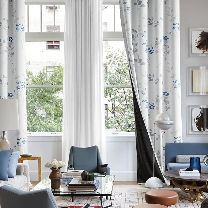 Beauoop Floral 100% Blackout Curtains 96 Inches Long 2 Panels for Bedroom Living Room Blue Grey and White Flower Patterned Room Darkening Thermal Soundproof Grommet Window Treatments Drapes, 52X96