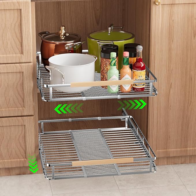 SOFRON Expandable Pull Out Drawers for Cabinets, Kitchen Cabinet Slide Out Shelves, Adjustable Roll Out Drawers, Stainless Steel, Large 1 Pack, (14.5"-25.5") Cabinet Width x 22.7" Depth